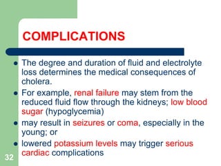 COMPLICATIONS
The degree and duration of fluid and electrolyte
loss determines the medical consequences of
cholera.
For example, renal failure may stem from the
reduced fluid flow through the kidneys; low blood
sugar (hypoglycemia)
may result in seizures or coma, especially in the
young; or
lowered potassium levels may trigger serious
cardiac complications
32