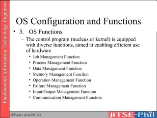OS Configuration and Functions 3. OS Functions The control program (nucleus or kernel) is equipped with diverse functions, aimed at enabling efficient use of hardware Job Management Function Process Management Function Data Management Function Memory Management Function Operation Management Function Failure Management Function Input/Output Management Function Communication Management Function 