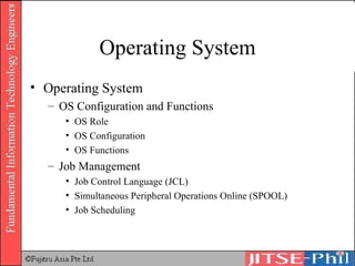 Operating System Operating System OS Configuration and Functions OS Role OS Configuration OS Functions Job Management Job Control Language (JCL) Simultaneous Peripheral Operations Online (SPOOL) Job Scheduling 