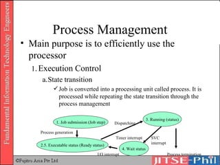 Process Management Main purpose is to efficiently use the processor 1 . Execution Control a. State transition Job is converted into a processing unit called process. It is processed while repeating the state transition through the process management 1. Job submission (Job step) 2.5. Executable status (Ready status) 4. Wait status 3. Running (status) Process generation Dispatching Timer interrupt SVC  interrupt Process termination I/O interrupt 