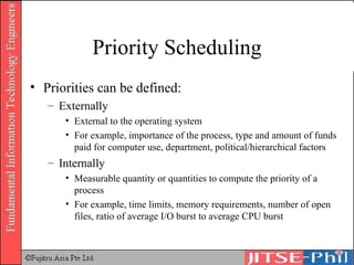 Priority Scheduling Priorities can be defined: Externally External to the operating system For example, importance of the process, type and amount of funds paid for computer use, department, political/hierarchical factors Internally Measurable quantity or quantities to compute the priority of a process For example, time limits, memory requirements, number of open files, ratio of average I/O burst to average CPU burst  