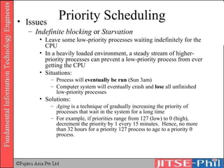 Priority Scheduling Issues Indefinite blocking  or  Starvation Leave some low-priority processes waiting indefinitely for the CPU In a heavily loaded environment, a steady stream of higher-priority processes can prevent a low-priority process from ever getting the CPU Situations: Process will  eventually be run  (Sun 3am) Computer system will eventually crash and  lose  all unfinished low-priority processes Solutions: Aging  is a technique of gradually increasing the priority of processes that wait in the system for a long time For example, if priorities range from 127 (low) to 0 (high), decrement the priority by 1 every 15 minutes.  Hence, no more than 32 hours for a priority 127 process to age to a priority 0 process. 