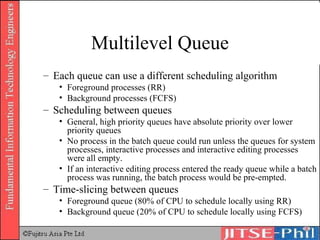 Multilevel Queue Each queue can use a different scheduling algorithm Foreground processes (RR) Background processes (FCFS) Scheduling between queues General, high priority queues have absolute priority over lower priority queues No process in the batch queue could run unless the queues for system processes, interactive processes and interactive editing processes were all empty. If an interactive editing process entered the ready queue while a batch process was running, the batch process would be pre-empted. Time-slicing between queues Foreground queue (80% of CPU to schedule locally using RR) Background queue (20% of CPU to schedule locally using FCFS) 