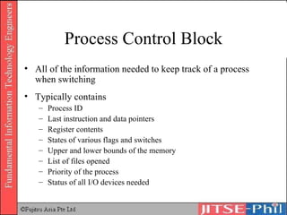 Process Control Block All of the information needed to keep track of a process when switching Typically contains Process ID Last instruction and data pointers Register contents States of various flags and switches Upper and lower bounds of the memory List of files opened Priority of the process Status of all I/O devices needed 