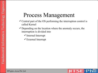 Central part of the OS performing the interruption control is called Kernel Depending on the location where the anomaly occurs, the interruption is divided into  Internal Interrupt External Interrupt Process Management 