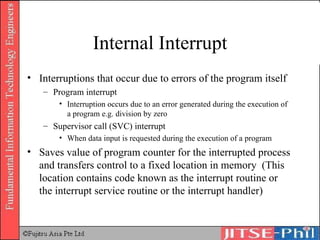 Internal Interrupt Interruptions that occur due to errors of the program itself Program interrupt Interruption occurs due to an error generated during the execution of a program e.g. division by zero Supervisor call (SVC) interrupt When data input is requested during the execution of a program Saves value of program counter for the interrupted process and transfers control to a fixed location in memory  (This location contains code known as the interrupt routine or the interrupt service routine or the interrupt handler) 