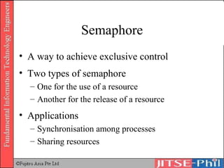 Semaphore A way to achieve exclusive control Two types of semaphore One for the use of a resource Another for the release of a resource Applications Synchronisation among processes Sharing resources 