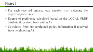 Phase I
• For each received update, local speaker shall calculate the
degree of preference
• Degree of preference calculated based on the LOCAL_PREF
attribute if received from within AS
• Calculated from pre-configured policy information if received
from neighboring AS
 