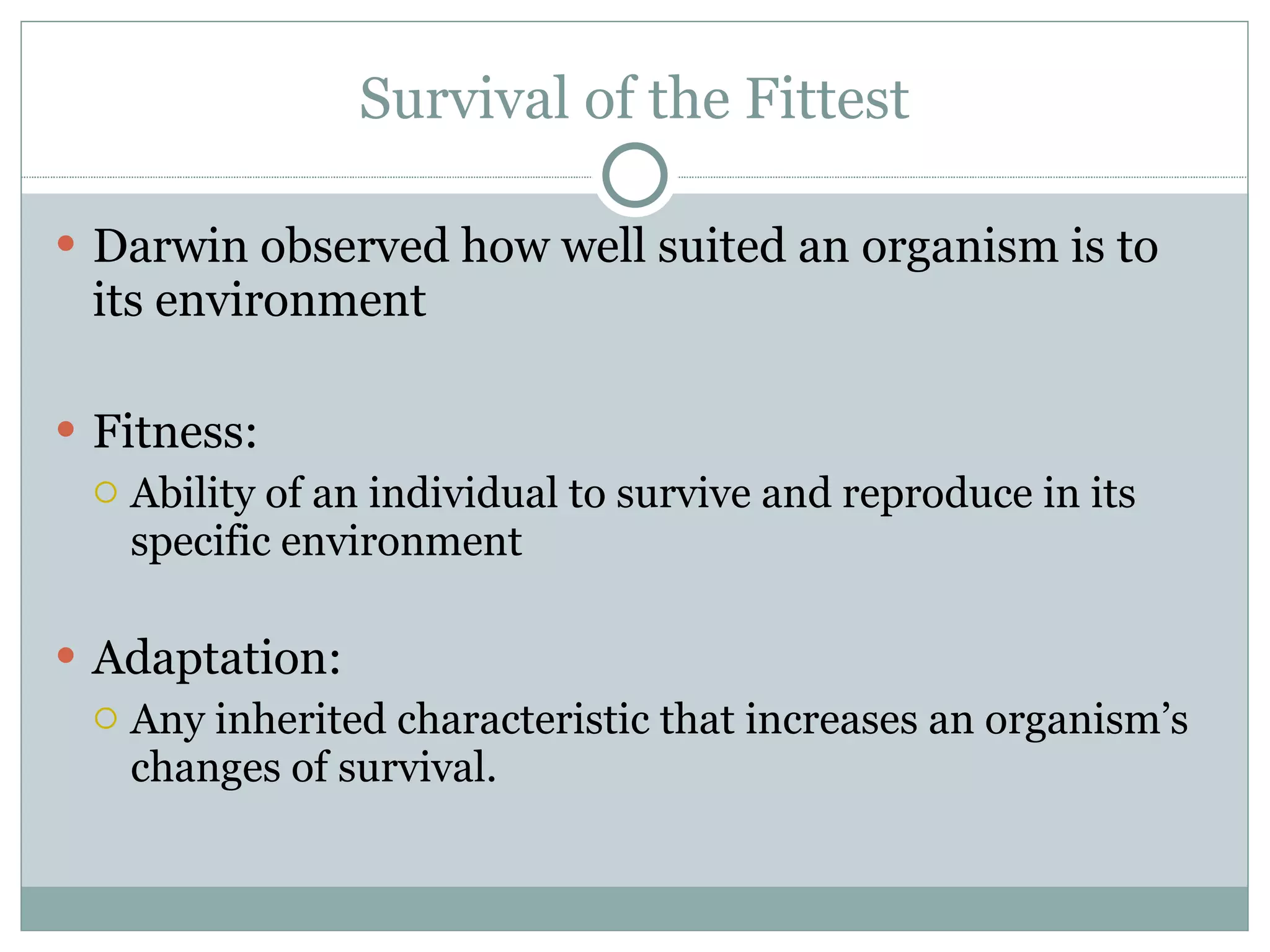 Survival of the Fittest Darwin observed how well suited an organism is to its environment  Fitness: Ability of an individual to survive and reproduce in its specific environment Adaptation: Any inherited characteristic that increases an organism’s changes of survival.  
