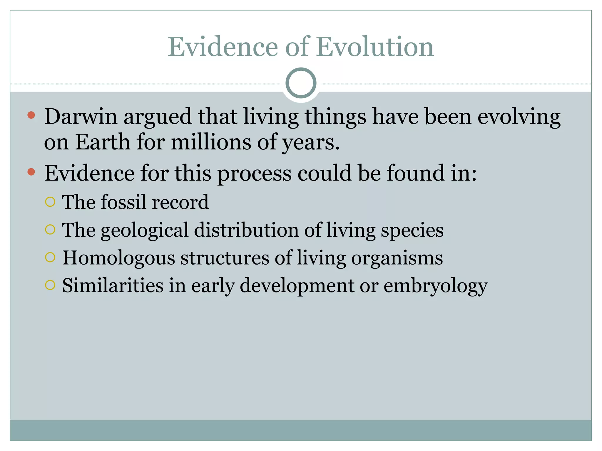 Evidence of Evolution Darwin argued that living things have been evolving on Earth for millions of years. Evidence for this process could be found in:  The fossil record  The geological distribution of living species  Homologous structures of living organisms Similarities in early development or embryology 