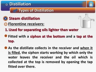 Distillation
Types of Distillation
Fitted with a siphon at the bottom and a tap at the
top.
As the distillate collects in the receiver and when it
is filled, the siphon starts working by which only the
water leaves the receiver and the oil which is
collected at the top is removed by opening the tap
fitted over there.
Steam distillation3
1.Used for separating oils lighter than water
Florentine receivers:
 