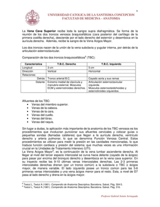 6
                          UNIVERSIDAD CATOLICA DE LA SANTISIMA CONCEPCION
                                  FACULTAD DE MEDICINA - ANATOMIA



La Vena Cava Superior recibe toda la sangre supra diafragmática. Se forma de la
reunión de los dos troncos venosos braquicefálicos (cara posterior del cartílago de la
primera costilla derecha), desciende por el lado derecho del esternón y desemboca en la
aurícula derecha. Además, recibe la sangre de la Vena Acigos Mayor.

Los dos troncos nacen de la unión de la vena subclavia y yugular interna, por detrás de la
articulación esternoclavicular.

Comparación de los dos troncos braquiocefálicos8 (TBC):

  Característica                     T.B.C. Derecho                          T.B.C. Izquierdo
Longitud                  3 cm                                  5 cm
Dirección                 Vertical                              Horizontal
Relaciones:
            Detrás        Tronco arterial B.C.                  Cayado aorta y sus ramas
           Delante        Extremo medial de clavícula y         Articulación esternoclavicular
                          manubrio esternal. Músculos           izquierda.
                          ECM y esternotiroideo derechos.       Músculos esternocleidohioideo y
                                                                esternotiroideo izquierdos.


Afluentes de los TBC:
    • Venas del miembro superior.
    • Venas de la cabeza.
    • Venas de la cara.
    • Venas del cuello.
    • Venas del tórax.
    • Venas del raquis.

Sin lugar a dudas, la aplicación más importante de la anatomía de los TBC venosos es los
procedimientos que involucran puncionar sus afluentes cervicales y colocar guías o
pequeñas sondas (llamadas catéteres) que llegan a la aurícula derecha, ventrículo
derecho y arteria pulmonar; lo que se denomina Punción Venosa Central. Estos
procedimientos se utilizan para medir la presión en las cavidades mencionadas, lo que
traduce función cardiaca y presión del sistema; que muchas veces es una información
crucial en la Unidades de Tratamiento Intensivo (UTI).
La Vena Acigos Mayor9, es la continuación de la vena lumbar ascendente derecha. Al
llegar al nivel del tercer espacio intercostal se curva hacia delante (cayado de la ácigos)
para pasar por encima del bronquio derecho y desemboca en la vena cava superior. En
su trayecto recibe las 9-10 últimas venas intercostales derechas. Las 2-3 primeras
intercostales derechas drenan (por un tronco común) a la subclavia o TBC o ácigos
mayor, de manera variable. El lado izquierdo posee un tronco común para las 5-6
primeras venas intercostales y una vena ácigos menor para el resto. Esta, a nivel de D7
pasa al lado derecho y drena en la ácigos mayor.

8
    Testut L, Testut A (1981): Compendio de Anatomia Descriptiva. Barcelona. Salvat. Pág. 304-5.
9
    Testut L, Testut A (1981): Compendio de Anatomia Descriptiva. Barcelona. Salvat. Pág. 316.


                                                                             Profesor Gabriel Astete Arriagada
 