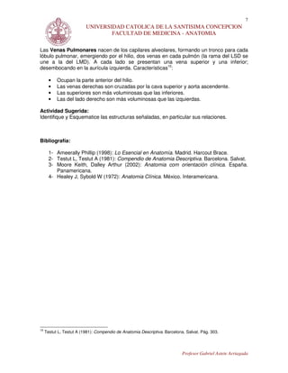 7
                          UNIVERSIDAD CATOLICA DE LA SANTISIMA CONCEPCION
                                  FACULTAD DE MEDICINA - ANATOMIA

Las Venas Pulmonares nacen de los capilares alveolares, formando un tronco para cada
lóbulo pulmonar, emergiendo por el hilio, dos venas en cada pulmón (la rama del LSD se
une a la del LMD). A cada lado se presentan una vena superior y una inferior;
desembocando en la aurícula izquierda. Características10:

       •   Ocupan la parte anterior del hilio.
       •   Las venas derechas son cruzadas por la cava superior y aorta ascendente.
       •   Las superiores son más voluminosas que las inferiores.
       •   Las del lado derecho son más voluminosas que las izquierdas.

Actividad Sugerida:
Identifique y Esquematice las estructuras señaladas, en particular sus relaciones.



Bibliografía:

       1- Ameerally Phillip (1998): Lo Esencial en Anatomía. Madrid. Harcout Brace.
       2- Testut L, Testut A (1981): Compendio de Anatomia Descriptiva. Barcelona. Salvat.
       3- Moore Keith, Dalley Arthur (2002): Anatomia com orientación clínica. España.
          Panamericana.
       4- Healey J, Sybold W (1972): Anatomia Clínica. México. Interamericana.




10
     Testut L, Testut A (1981): Compendio de Anatomia Descriptiva. Barcelona. Salvat. Pág. 303.




                                                                            Profesor Gabriel Astete Arriagada
 