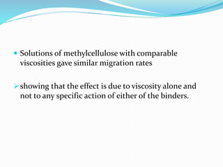 Solutions of methylcellulose with comparable
viscosities gave similar migration rates
showing that the effect is due to viscosity alone and
not to any specific action of either of the binders.
 