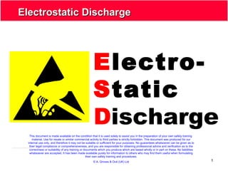 1
Electrostatic DischargeElectrostatic Discharge
Electro-
Static
Discharge
This document is made available on the condition that it is used solely to assist you in the preparation of your own safety training
material. Use for resale or similar commercial activity to third parties is strictly forbidden. This document was produced for our
internal use only, and therefore it may not be suitable or sufficient for your purposes. No guarantees whatsoever can be given as to
their legal compliance or comprehensiveness, and you are responsible for obtaining professional advice and verification as to the
correctness or suitability of any training or documents which you produce which are based wholly or in part on these. No liabilities
whatsoever are accepted. It has been made available purely for information to others who may find them useful when formulating
their own safety training and procedures.
© A. Groves & Océ (UK) Ltd
 