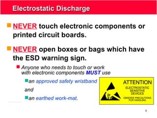 5
Electrostatic DischargeElectrostatic Discharge
 NEVER touch electronic components or
printed circuit boards.
 NEVER open boxes or bags which have
the ESD warning sign.
 Anyone who needs to touch or work
with electronic components MUST use
an approved safety wristband
and
an earthed work-mat.
 