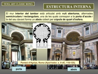 El mur  interior del tambor  està articulat amb  vuit obertures , alternades  semicirculars i rectangulars , una de les quals correspon a la  porta d’accés  i la del seu davant forma un  absis  cobert per  cúpula de quart d’esfera. TEMA ART CLÀSSIC ROMÀ porta absis ESTRUCTURA INTERNA Panteó d’Agripa, Roma (Apol·lodor, s. II dC, 118-125).  