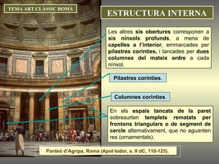 TEMA ART CLÀSSIC ROMÀ Les altres  sis obertures  corresponen a  sis nínxols profunds , a mena de  capelles a l’interior , emmarcades per  pilastres corínties,  i tancades per  dues columnes del mateix ordre  a cada nínxol.  Pilastres corínties . Columnes corínties . En els  espais tancats de la paret  sobresurten  templets rematats per frontons triangulars o de segment de cercle  alternativament, que no aguanten res (ornamentals).  ESTRUCTURA INTERNA Panteó d’Agripa, Roma (Apol·lodor, s. II dC, 118-125).  