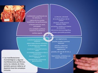 • Las manifestaciones
reumatológicas y algunas
manifestaciones periféricas,
como los nódulos de Osler,
también parecen deberse al
depósito local de complejos
inmunes.
La distorsión o perforación de
las válvulas, la
ruptura de las cuerdas
tendinosas y las perforaciones
o fístulas entre los vasos
principales
y las cavidades cardiacas
ocasionan insuficiencia
cardiaca aguda
La infección, sobretodo
de la válvula aórtica o de las
prótesis
valvulares, puede provocar
abscesos y fiebre
persistente, cambios en el sistema
de conducción,
alteraciones electrocardiográficas,
arritmias y pericarditis purulenta
Las vegetaciones
grandes pueden ocasionar
estenosis
valvular y deterioro
hemodinámico. Las
vegetaciones
grandes, de más de 10 mm, y
las
hipermóviles, embolizan con
mayor frecuencia.
La bacteremia persistente con o sin
embolismo
séptico origina infección metastásica.
En los pacientes con endocarditis
infecciosa
se estimula la inmunidad humoral y
celular.
Los complejos inmunitarios se fijan al
complemento,
depositándose a lo largo de la
membrana
basal glomerular y ocasionando
glomerulonefritis.
12
 