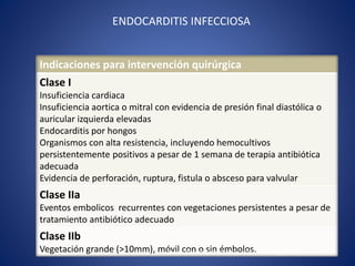 ENDOCARDITIS INFECCIOSA
Indicaciones para intervención quirúrgica
Clase I
Insuficiencia cardiaca
Insuficiencia aortica o mitral con evidencia de presión final diastólica o
auricular izquierda elevadas
Endocarditis por hongos
Organismos con alta resistencia, incluyendo hemocultivos
persistentemente positivos a pesar de 1 semana de terapia antibiótica
adecuada
Evidencia de perforación, ruptura, fistula o absceso para valvular
Clase IIa
Eventos embolicos recurrentes con vegetaciones persistentes a pesar de
tratamiento antibiótico adecuado
Clase IIb
Vegetación grande (>10mm), móvil con o sin émbolos.Bonow RO, Carabello BA,et al: ACC/AHA 2006 guidelines
 