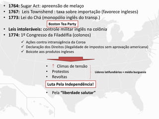 • 1764: Sugar Act: apreensão de melaço
• 1767: Leis Townshend : taxa sobre importação (favorece ingleses)
• 1773: Lei do Chá (monopólio inglês do transp.)
• Leis intoleráveis: controle militar inglês na colônia
• 1774: 1º Congresso da Filadélfia (colonos)
Boston Tea Party
• Climas de tensão
• Protestos
• Revoltas
• Pela “liberdade salutar”
Luta Pela Independência!
Líderes latifundiários + média burguesia
 Ações contra intransigência da Coroa
 Declaração dos Direitos (ilegalidade de impostos sem aprovação americana)
 Boicote aos produtos ingleses
 