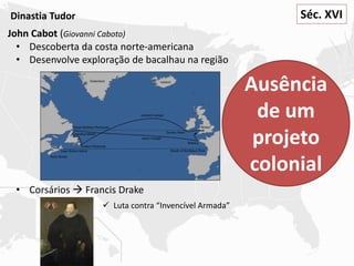 Séc. XVIDinastia Tudor
John Cabot (Giovanni Caboto)
• Descoberta da costa norte-americana
• Desenvolve exploração de bacalhau na região
• Corsários  Francis Drake
 Luta contra “Invencível Armada”
Ausência
de um
projeto
colonial
 