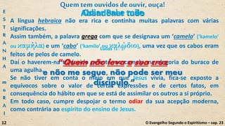 A língua hebraica não era rica e continha muitas palavras com várias
significações.
Assim também, a palavra grega com que se designava um ‘camelo’ (‘kamelo’
ou καμήλα) e um ‘cabo’ (‘kamilo’ ou καλώδιο), uma vez que os cabos eram
feitos de pelos de camelo.
Daí o haverem-na traduzido pelo termo camelo, na alegoria do buraco de
uma agulha.
Se não tiver em conta o meio em que Jesus vivia, fica-se exposto a
equívocos sobre o valor de certas expressões e de certos fatos, em
consequência do hábito em que se está de assimilar os outros a si próprio.
Em todo caso, cumpre despojar o termo odiar da sua acepção moderna,
como contrária ao espírito do ensino de Jesus.
Lucas 14 : 27
“Quem não leva a sua cruz
e não me segue, não pode ser meu
discípulo.”
Abandonar tudoOdiar Pai e mãe
Quemtem ouvidosdeouvir,ouça!
O Evangelho Segundo o Espiritismo – cap. 23
E
S
T
R
A
N
H
A
m
o
R
A
l
12
 