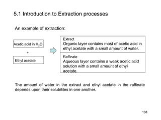 An example of extraction:
5.1 Introduction to Extraction processes
Acetic acid in H2O
+
Ethyl acetate
Extract
Organic layer contains most of acetic acid in
ethyl acetate with a small amount of water.
Raffinate
Aqueous layer contains a weak acetic acid
solution with a small amount of ethyl
acetate.
The amount of water in the extract and ethyl acetate in the raffinate
depends upon their solubilites in one another.
138
 