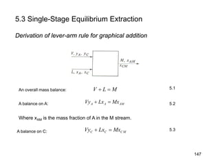 Derivation of lever-arm rule for graphical addition
5.3 Single-Stage Equilibrium Extraction
MLV =+An overall mass balance:
MCCC MxLxVy =+
AMAA MxLxVy =+A balance on A:
A balance on C:
5.1
5.2
5.3
Where xAM is the mass fraction of A in the M stream.
147
 