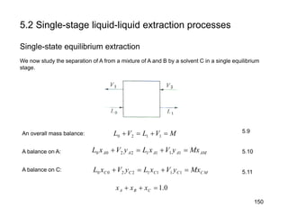 5.2 Single-stage liquid-liquid extraction processes
Single-state equilibrium extraction
MVLVL =+=+ 1120
AMAAAA MxyVxLyVxL =+=+ 11112200
MCCCCC MxyVxLyVxL =+=+ 11112200
We now study the separation of A from a mixture of A and B by a solvent C in a single equilibrium
stage.
0.1=++ CBA xxx
An overall mass balance:
A balance on A:
A balance on C:
5.9
5.10
5.11
150
 