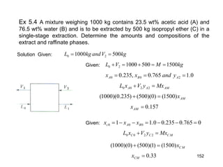Ex 5.4 A mixture weighing 1000 kg contains 23.5 wt% acetic acid (A) and
76.5 wt% water (B) and is to be extracted by 500 kg isopropyl ether (C) in a
single-stage extraction. Determine the amounts and compositions of the
extract and raffinate phases.
Solution Given: kgVandkgL 5001000 20 ==
AMx)1500()0)(500()235.0)(1000( =+
kgMVL 1500500100020 ==+=+
0.1765.0,235.0 200 === ABA yandxx
Given:
157.0=AMx
MCCC MxyVxL =+ 2200
Given: 0765.0235.00.11 000 =−−=−−= BAc xxx
AMAA MxyVxL =+ 2200
MCx)1500()1)(500()0)(1000( =+
33.0=CMx 152
 