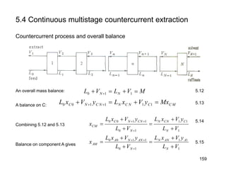 5.4 Continuous multistage countercurrent extraction
Countercurrent process and overall balance
MVLVL NN =+=+ + 110
MCCNCNNCNC MxyVxLyVxL =+=+ ++ 111100
1
11
10
1100
VL
yVxL
VL
yVxL
x
N
CNCN
N
NCNC
MC
+
+
=
+
+
=
+
++
1
11
10
1100
VL
yVxL
VL
yVxL
x
N
AANN
N
ANNA
MA
+
+
=
+
+
=
+
++
An overall mass balance:
A balance on C:
Combining 5.12 and 5.13
Balance on component A gives
5.12
5.13
5.14
5.15
159
 