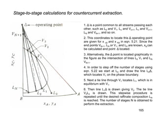 Stage-to-stage calculations for countercurrent extraction.
1. Δ is a point common to all streams passing each
other, such as L0 and V1, Ln and Vn+1, Ln and Vn+1,
LN and VN+1, and so on.
2. This coordinates to locate this Δ operating point
are given for x cΔ and x AΔ in eqn. 5.21. Since the
end points VN+1, LN or V1, and L0 are known, xΔ can
be calculated and point Δ located.
3. Alternatively, the Δ point is located graphically in
the figure as the intersection of lines L0 V1 and LN
VN+1.
4. In order to step off the number of stages using
eqn. 5.22 we start at L0 and draw the line L0Δ,
which locates V1 on the phase boundary.
5. Next a tie line through V1 locates L1, which is in
equilibrium with V1.
6. Then line L1Δ is drawn giving V2. The tie line
V2L2 is drawn. This stepwise procedure is
repeated until the desired raffinate composition LN
is reached. The number of stages N is obtained to
perform the extraction.
165
 