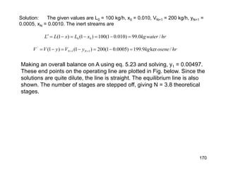 Solution: The given values are L0 = 100 kg/h, x0 = 0.010, VN+1 = 200 kg/h, yN+1 =
0.0005, xN = 0.0010. The inert streams are
hrwaterkgxLxLL /0.99)010.01(100)1()1( 00 =−=−=−=′
hrosenekgyVyVV NN /ker9.199)0005.01(200)1()1( 11
/
=−=−=−= ++
Making an overall balance on A using eq. 5.23 and solving, y1 = 0.00497.
These end points on the operating line are plotted in Fig. below. Since the
solutions are quite dilute, the line is straight. The equilibrium line is also
shown. The number of stages are stepped off, giving N = 3.8 theoretical
stages.
170
 
