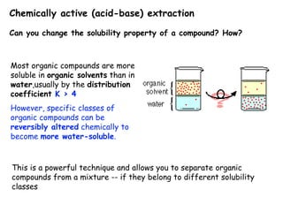Chemically active (acid-base) extraction
Can you change the solubility property of a compound? How?
Most organic compounds are more
soluble in organic solvents than in
water,usually by the distribution
coefficient K > 4
However, specific classes of
organic compounds can be
reversibly altered chemically to
become more water-soluble.
This is a powerful technique and allows you to separate organic
compounds from a mixture -- if they belong to different solubility
classes
 