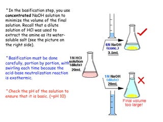 ･In the basification step, you use
concentrated NaOH solution to
minimize the volume of the final
solution. Recall that a dilute
solution of HCl was used to
extract the amine as its water-
soluble salt (see the picture on
the right side).
･Basification must be done
carefully, portion by portion, with
swirling each time because the
acid-base neutralization reaction
is exothermic.
･Check the pH of the solution to
ensure that it is basic. (~pH 10)
 