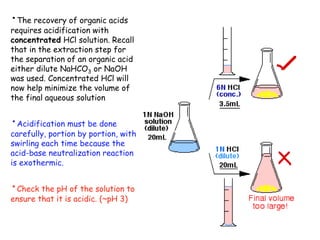 ･The recovery of organic acids
requires acidification with
concentrated HCl solution. Recall
that in the extraction step for
the separation of an organic acid
either dilute NaHCO3 or NaOH
was used. Concentrated HCl will
now help minimize the volume of
the final aqueous solution
･Acidification must be done
carefully, portion by portion, with
swirling each time because the
acid-base neutralization reaction
is exothermic.
･Check the pH of the solution to
ensure that it is acidic. (~pH 3)
 