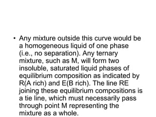 • Any mixture outside this curve would be
a homogeneous liquid of one phase
(i.e., no separation). Any ternary
mixture, such as M, will form two
insoluble, saturated liquid phases of
equilibrium composition as indicated by
R(A rich) and E(B rich). The line RE
joining these equilibrium compositions is
a tie line, which must necessarily pass
through point M representing the
mixture as a whole.
 
