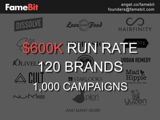 -AND MANY MORE-
angel.co/famebit
founders@famebit.com
$600K RUN RATE
120 BRANDS
1,000 CAMPAIGNS
 