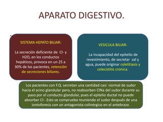 APARATO DIGESTIVO.
.
       SISTEMA HEPATO BILIAR:
                                                     VESICULA BILIAR:
    La secreción deficiente de Cl- y
                                               La incapacidad del epitelio de
         H2O, en los conductos
                                              revestimiento, de secretar sal y
     hepáticos, provoca en un 25 a
                                             agua, puede originar colelitiasis y
    30% de los pacientes, retención
                                                     colecistitis cronica.
        de secreciones biliares.


          Los pacientes con F.Q. secretan una cantidad casi normal de sudor
        hacia el acino glandular pero, no reabsorben ClNa del sudor durante su
           paso por el conducto glandular, pues el epitelio ductal no puede
         absorber Cl- .Esto se comprueba reuniendo el sudor después de una
              iontoforesis con un antagonista colinérgico en el antebrazo.
 