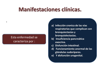 Manifestaciones clínicas.
.
                          a) Infección cronica de las vías
                             respiratorias que complican con
                             bronquiectasias y
                             bronquiolectasias.
    Esta enfermedad se    b) Insuficiencia pancreática
      caracteriza por :      exocrina.
                          c) Disfunción intestinal.
                          d) Funcionamiento anormal de las
                             glándulas sudoríparas.
                          e) Y disfunción urogenital.
 