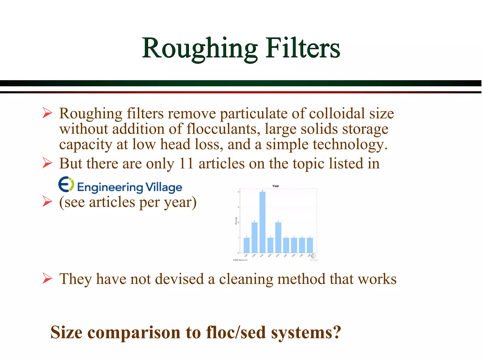 Roughing Filters
 Roughing filters remove particulate of colloidal size
without addition of flocculants, large solids storage
capacity at low head loss, and a simple technology.
 But there are only 11 articles on the topic listed in
 (see articles per year)
 They have not devised a cleaning method that works
Size comparison to floc/sed systems?
 