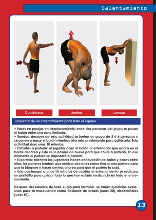 Esquema de un calentamiento para todo el equipo
Calentamiento
13
Cuadriceps Lumbar
• Pases en parejas en desplazamiento: entre dos personas del grupo se pasan
el balón entre una zona limitada.
• Rondos: despues de esta actividad se juntan un grupo de 5 ó 6 personas y
se ponen a pasar el balón mientras otro esta presionando para quitársela. Esta
actividad dura unos 10 minutos.
• Entradas a porteria: el jugador pasa el balón al entrenador que estara en el
borde del area y éste se la pasara de nuevo para que chute a portería. En ese
momento el portero se dispondrá a pararla.
• El portero: mientras los jugadores hacen conducción de balon y pases entre
ellos, los porteros tendran que realizar acciones como tiros al otro portero para
que la bloquee y hacer centros al area para que el portero la coja.
• Una pachanga: a unos 15 minutos de acabar el entrenamiento se realizara
un partidillo para aplicar todo lo que han estado realizando en todo el entre-
namiento.
Despues del esfuerzo de todo el dia para terminar, se haran ejercicios explo-
sivos para la musculatura como flexiones de brazos (unas 20), abdominales
(unos 50) .
Lumbar
 