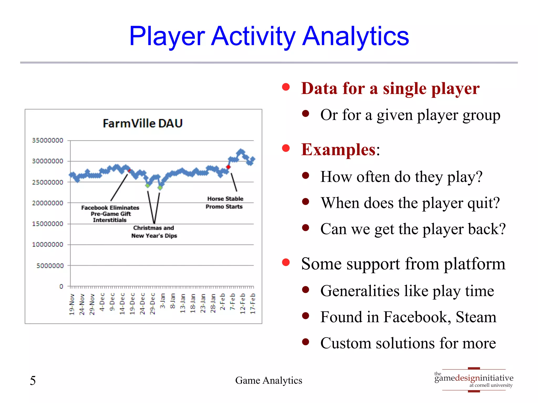 Player Activity Analytics 
— Data for a single player 
— Or for a given player group 
— Examples: 
— How often do they play? 
— When does the player quit? 
— Can we get the player back? 
— Some support from platform 
— Generalities like play time 
— Found in Facebook, Steam 
— Custom solutions for more 
gamedesigninitiative 
at cornell university 
the 
5 Game Analytics 
 