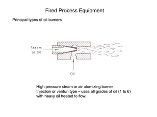 Fired Process Equipment
Principal types of oil burners
High pressure steam or air atomizing burner
Injection or venturi type – uses all grades of oil (1 to 6)
with heavy oil heated to flow.
 