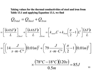 93
Taking values for the thermal conductivities of steel and iron from
Table 13.1 and applying Equation 13.1, we find
IronSteelTotal QQQ +=
( ) ( ) ( )
L
tT
LkLk
L
tTkA
L
tTkA
Ironsteel
IronSteel
∆












−+=




 ∆
+




 ∆
= 22
1
2
π
( ) ( ) 











−





°⋅⋅
+





°⋅⋅
=
22
01.01
2
7901.014 m
Cms
J
m
Cms
J π
( )( ) J
m
sCC
85
5.0
1201878
=
°−°
×
 