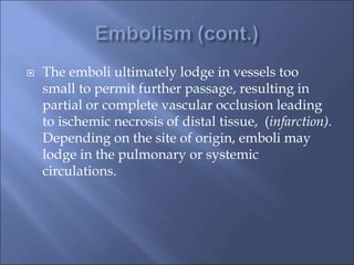  The emboli ultimately lodge in vessels too
small to permit further passage, resulting in
partial or complete vascular occlusion leading
to ischemic necrosis of distal tissue, (infarction).
Depending on the site of origin, emboli may
lodge in the pulmonary or systemic
circulations.
 