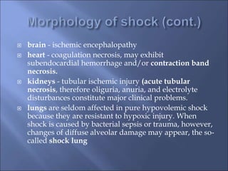  brain - ischemic encephalopathy
 heart - coagulation necrosis, may exhibit
subendocardial hemorrhage and/or contraction band
necrosis.
 kidneys - tubular ischemic injury (acute tubular
necrosis, therefore oliguria, anuria, and electrolyte
disturbances constitute major clinical problems.
 lungs are seldom affected in pure hypovolemic shock
because they are resistant to hypoxic injury. When
shock is caused by bacterial sepsis or trauma, however,
changes of diffuse alveolar damage may appear, the so-
called shock lung
 