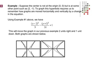 Example : Suppose the center is not at the origin (0, 0) but is at some
other point such as (2, -1). To graph this hyperbola requires us to
remember how graphs are moved horizontally and vertically by a change
in the equation.
Using Example #1 above, we have
This will move the graph in our previous example 2 units right and 1 unit
down. Both graphs are shown below.
 