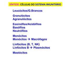 Leucócitos/G.Brancos Granulócitos Agranulócitos  Eosinóflos/Acidófilos Basófilos Neutrófilos Monócitos  Monócitos    Macrófagos Linfócitos (B, T, NK) Linfócitos B    Plasmócitos Mastócitos  SÍNTESE:  CÉLULAS DO  SISTEMA   IMUNITÁRIO   